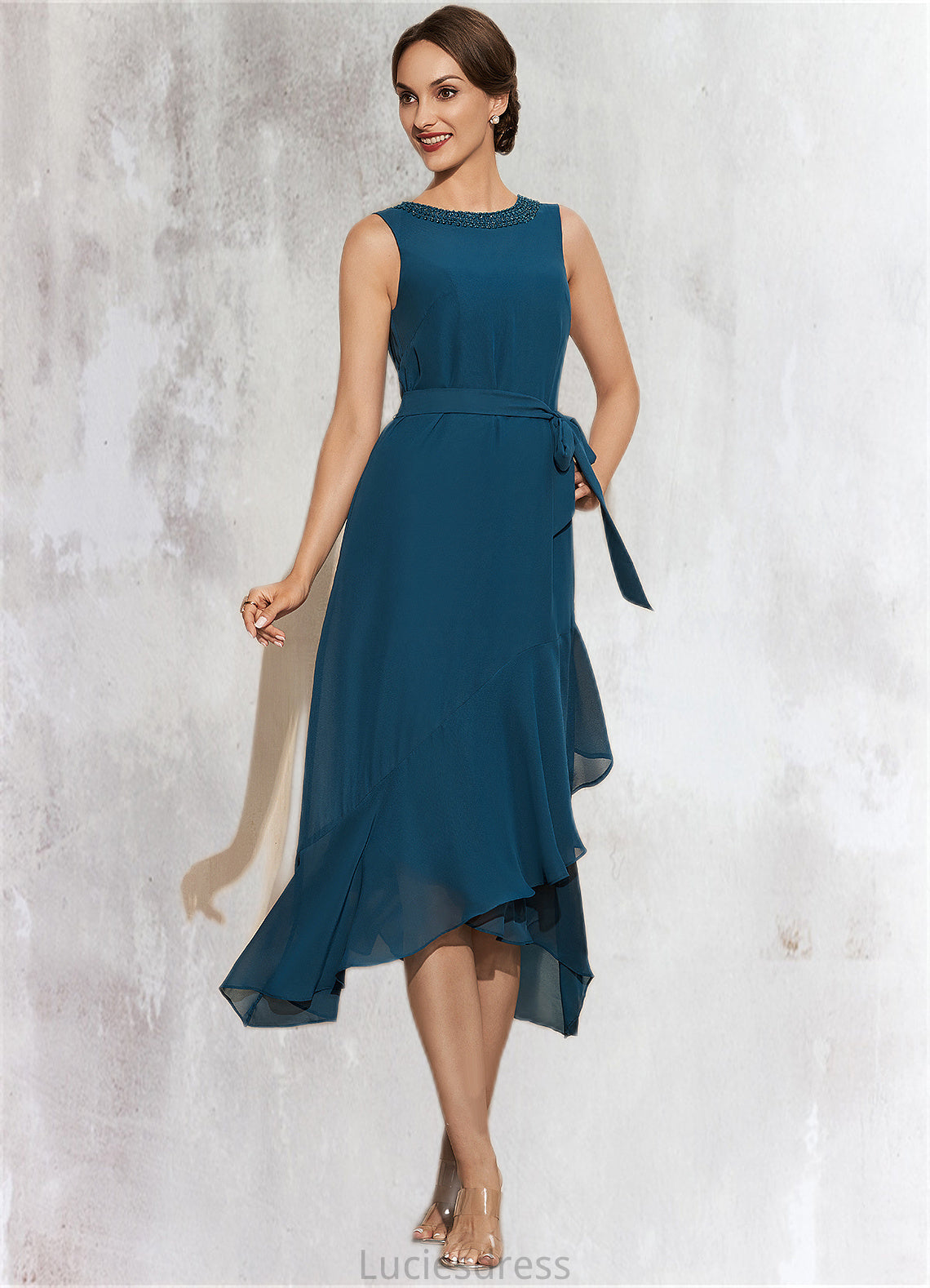 Rosie A-Line Scoop Neck Asymmetrical Chiffon Mother of the Bride Dress With Beading Cascading Ruffles HF126P0014817