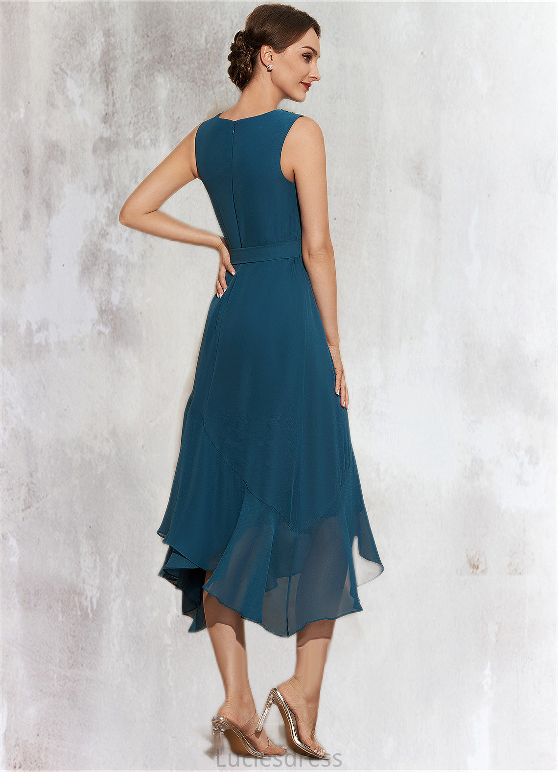 Rosie A-Line Scoop Neck Asymmetrical Chiffon Mother of the Bride Dress With Beading Cascading Ruffles HF126P0014817