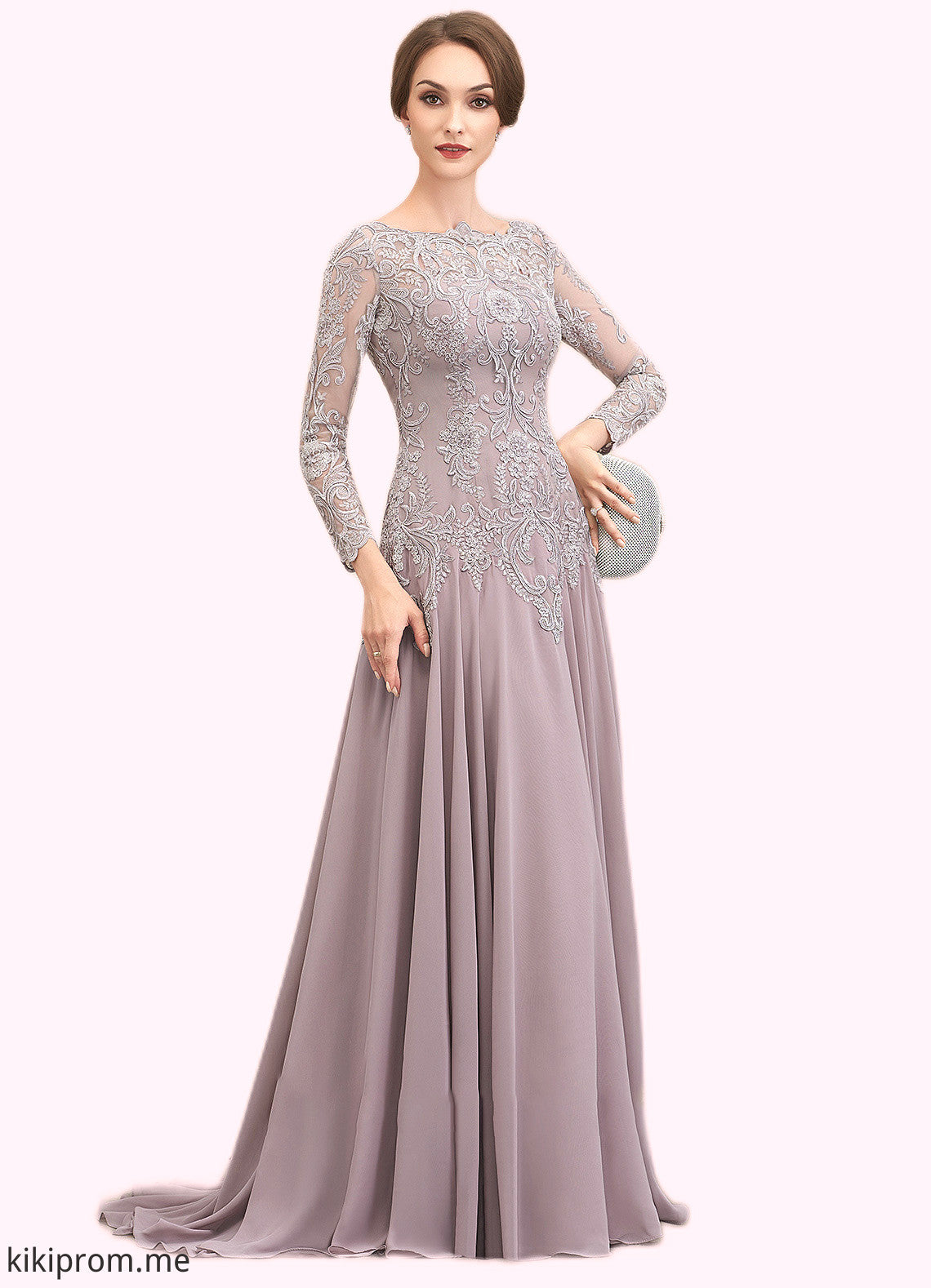 Genesis A-Line Scoop Neck Sweep Train Chiffon Lace Mother of the Bride Dress With Sequins STF126P0014819