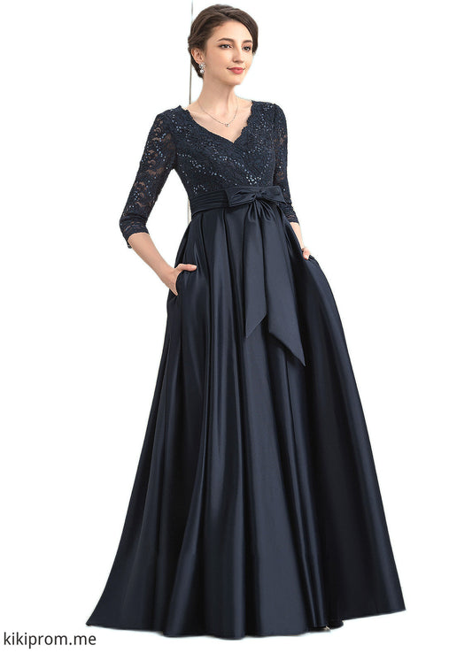 Aniyah A-Line V-neck Floor-Length Satin Lace Mother of the Bride Dress With Sequins Bow(s) Pockets STF126P0014820