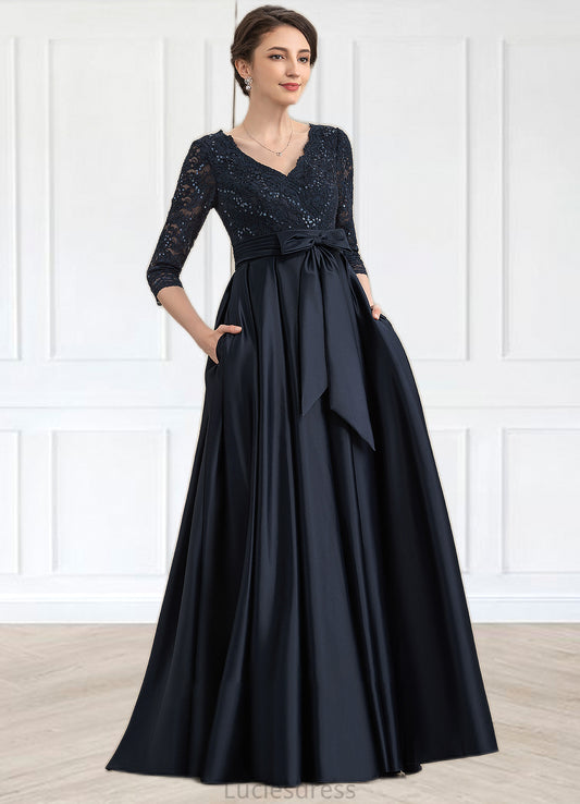 Gertrude A-Line V-neck Floor-Length Satin Lace Mother of the Bride Dress With Sequins Bow(s) Pockets HF126P0014820