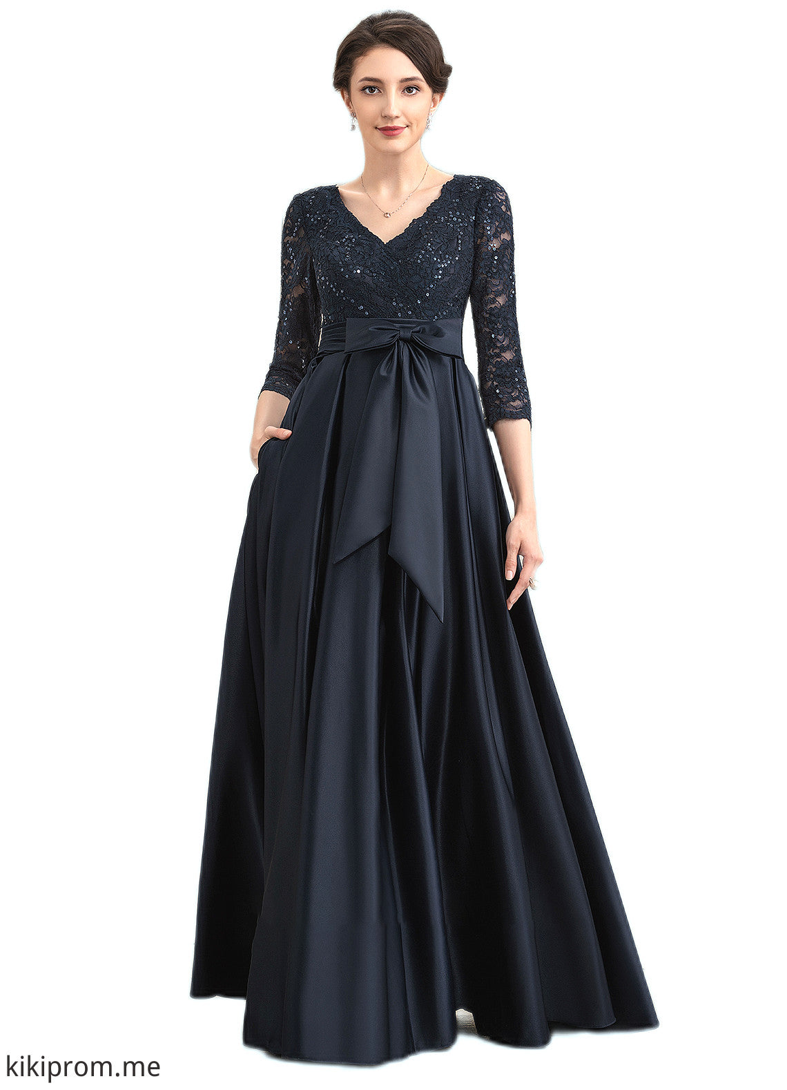 Aniyah A-Line V-neck Floor-Length Satin Lace Mother of the Bride Dress With Sequins Bow(s) Pockets STF126P0014820