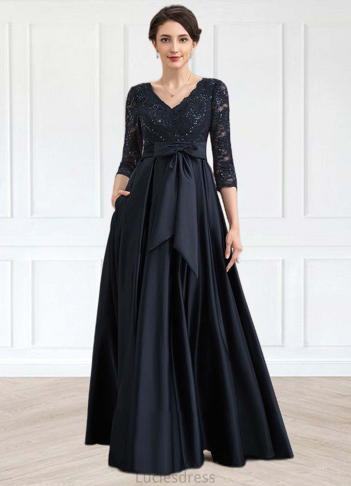 Gertrude A-Line V-neck Floor-Length Satin Lace Mother of the Bride Dress With Sequins Bow(s) Pockets HF126P0014820