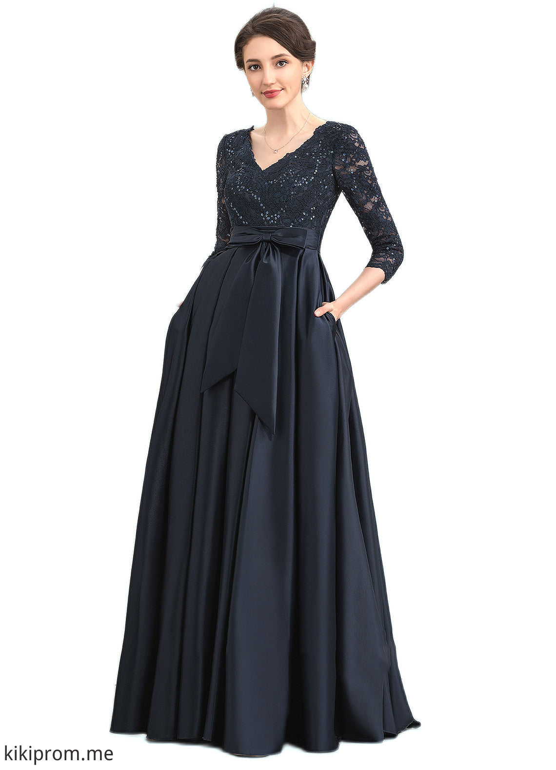 Aniyah A-Line V-neck Floor-Length Satin Lace Mother of the Bride Dress With Sequins Bow(s) Pockets STF126P0014820