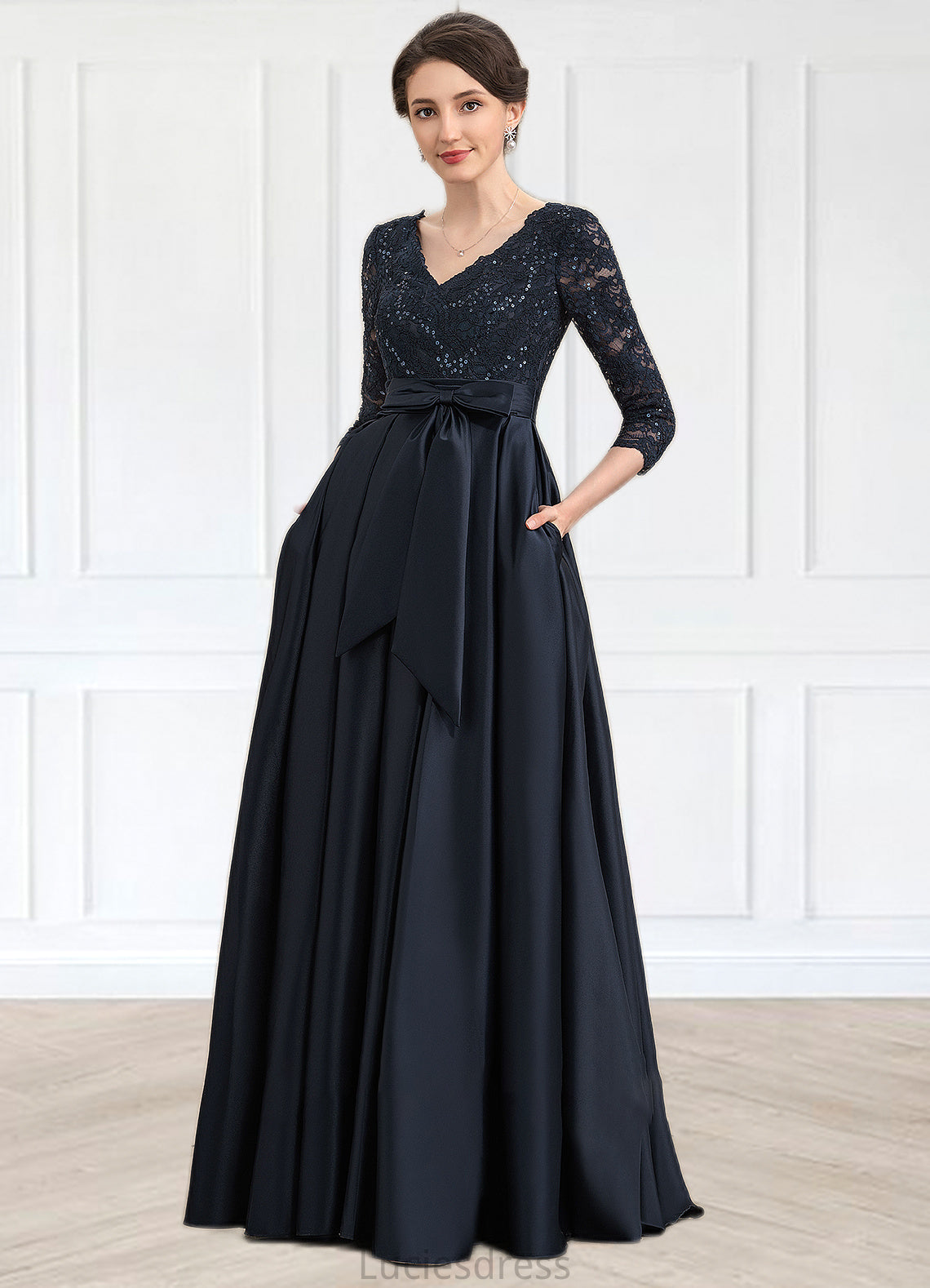 Gertrude A-Line V-neck Floor-Length Satin Lace Mother of the Bride Dress With Sequins Bow(s) Pockets HF126P0014820