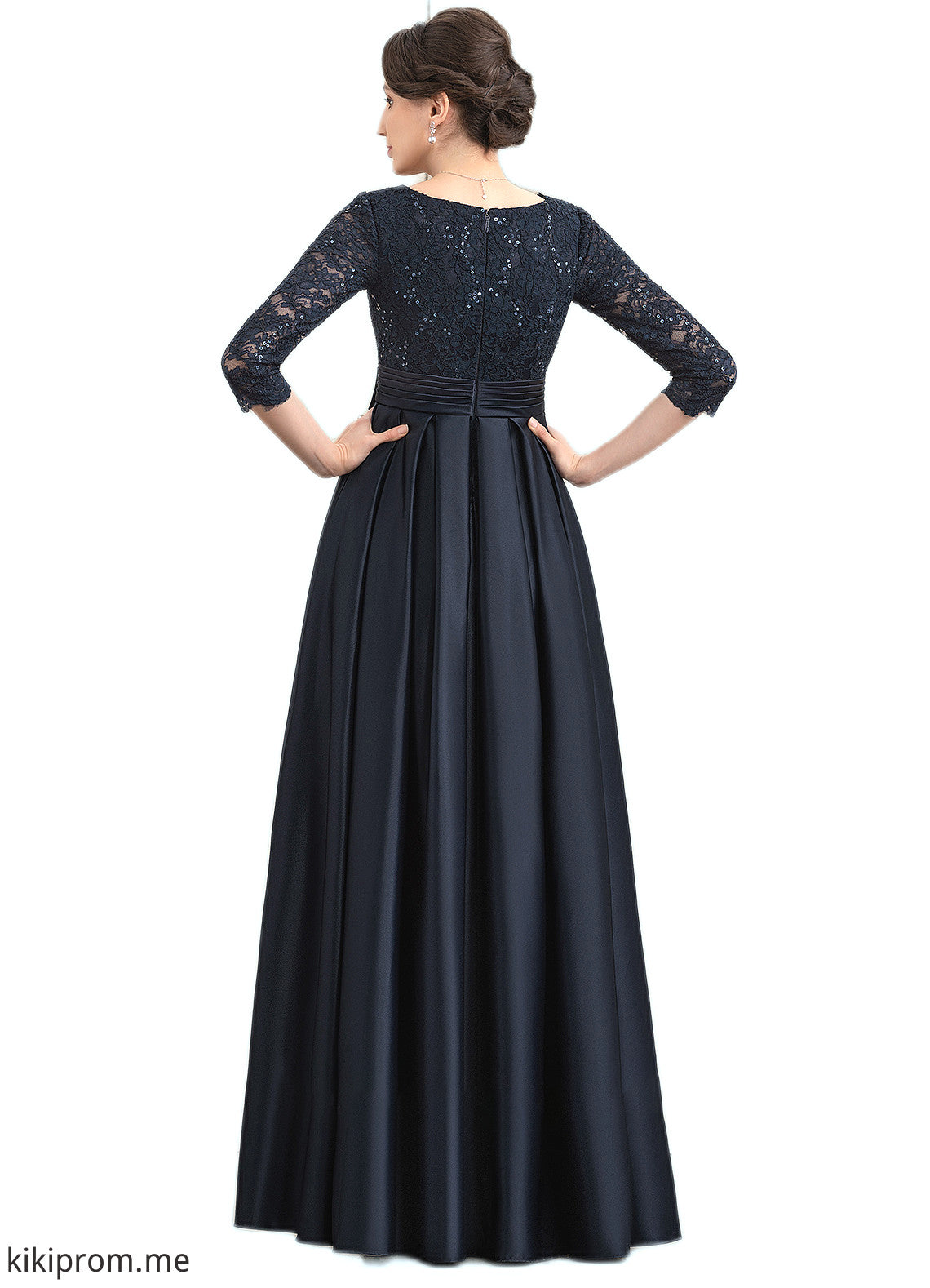 Aniyah A-Line V-neck Floor-Length Satin Lace Mother of the Bride Dress With Sequins Bow(s) Pockets STF126P0014820