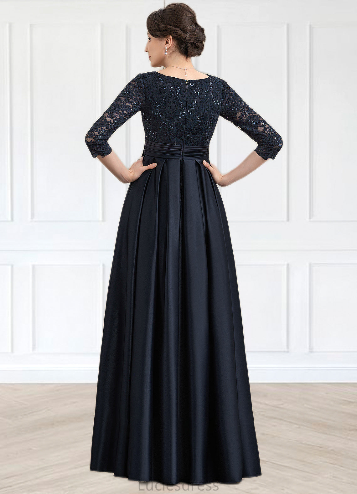 Gertrude A-Line V-neck Floor-Length Satin Lace Mother of the Bride Dress With Sequins Bow(s) Pockets HF126P0014820