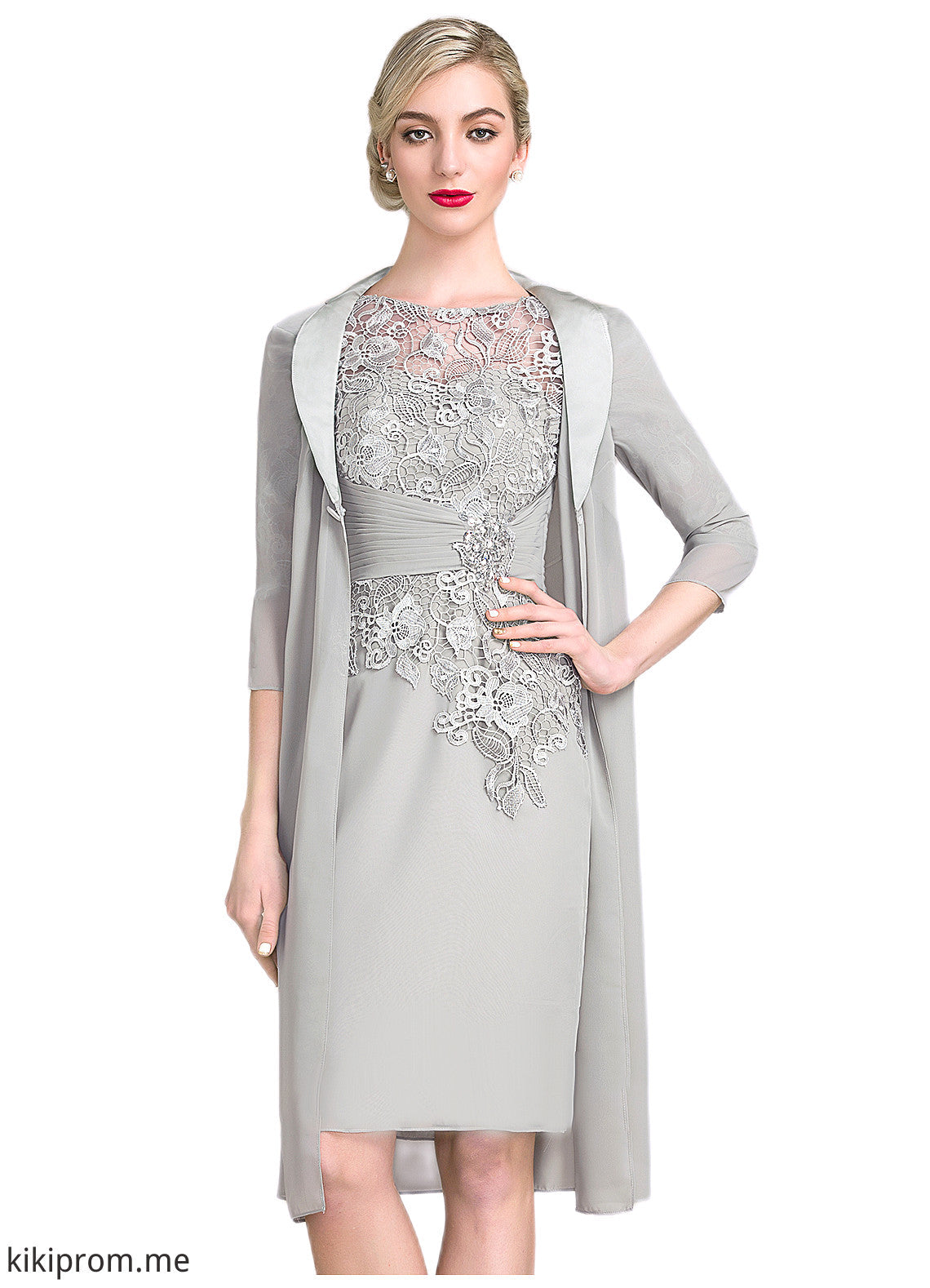 Jaylen Sheath/Column Scoop Neck Knee-Length Chiffon Lace Mother of the Bride Dress With Ruffle Beading STF126P0014821