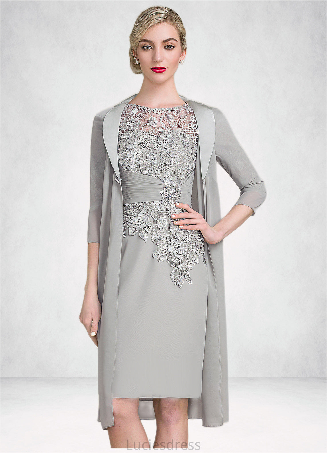 Persis Sheath/Column Scoop Neck Knee-Length Chiffon Lace Mother of the Bride Dress With Ruffle Beading HF126P0014821