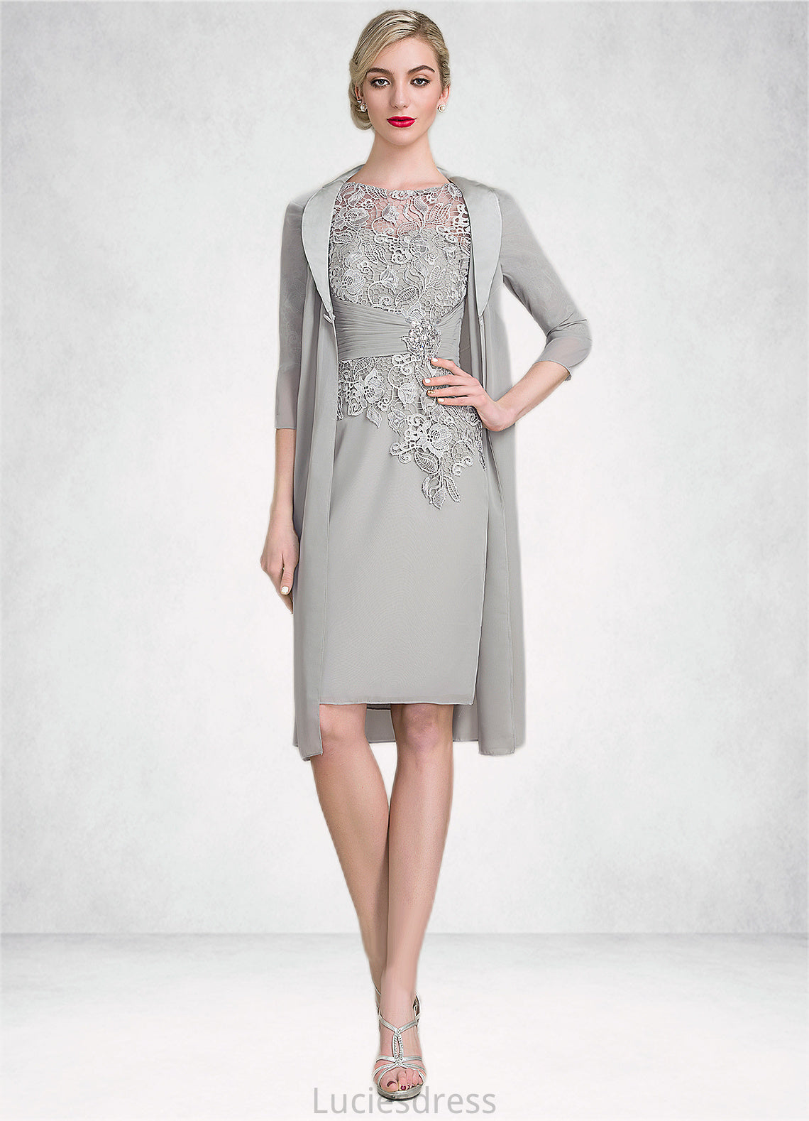 Persis Sheath/Column Scoop Neck Knee-Length Chiffon Lace Mother of the Bride Dress With Ruffle Beading HF126P0014821