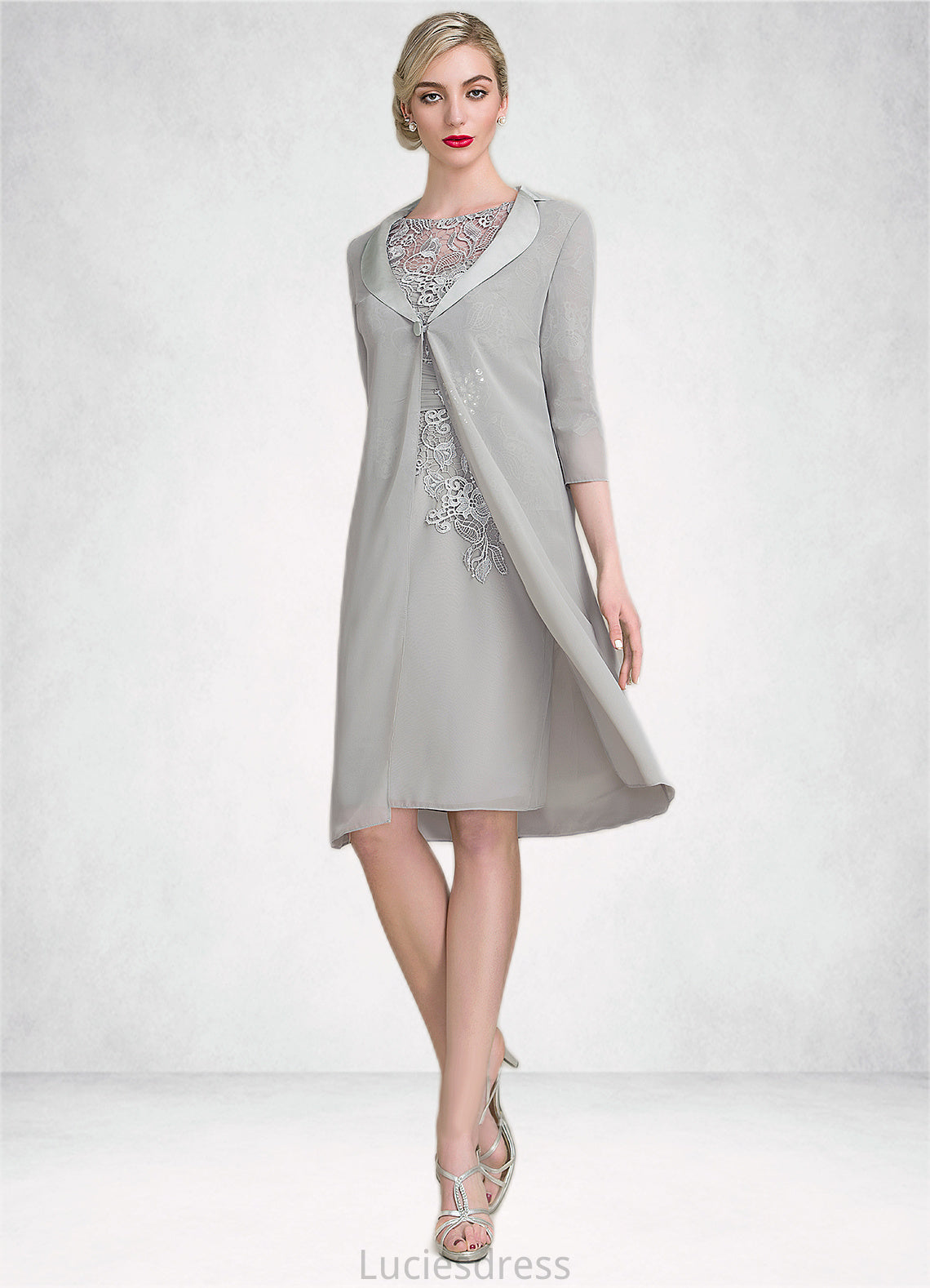 Persis Sheath/Column Scoop Neck Knee-Length Chiffon Lace Mother of the Bride Dress With Ruffle Beading HF126P0014821