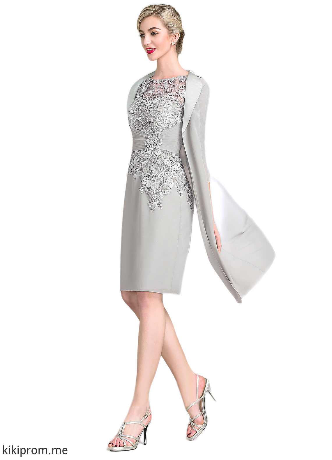 Jaylen Sheath/Column Scoop Neck Knee-Length Chiffon Lace Mother of the Bride Dress With Ruffle Beading STF126P0014821