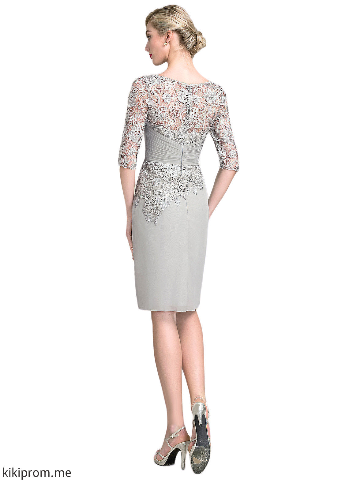 Jaylen Sheath/Column Scoop Neck Knee-Length Chiffon Lace Mother of the Bride Dress With Ruffle Beading STF126P0014821