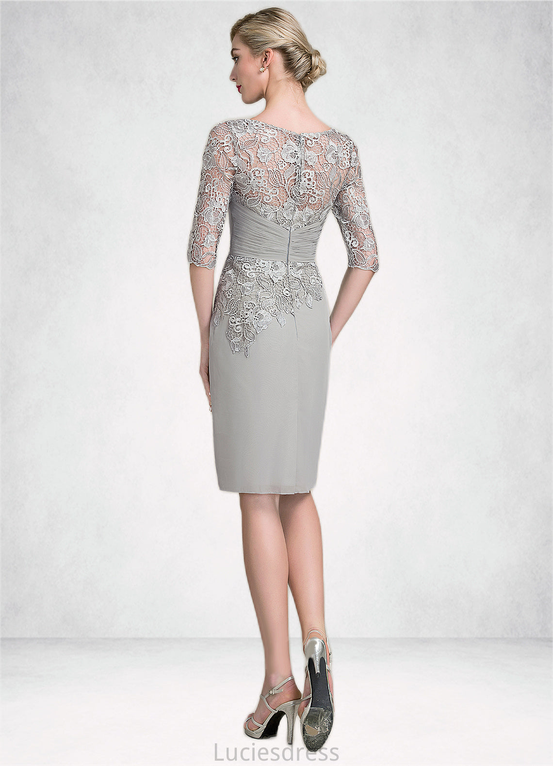 Persis Sheath/Column Scoop Neck Knee-Length Chiffon Lace Mother of the Bride Dress With Ruffle Beading HF126P0014821