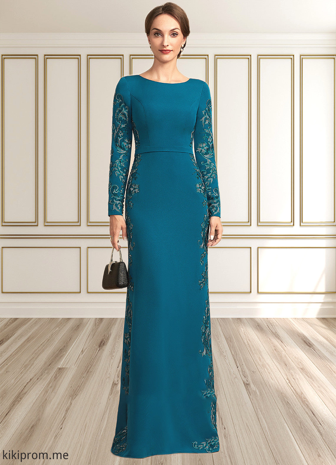 Nova Sheath/Column Scoop Neck Floor-Length Stretch Crepe Mother of the Bride Dress With Appliques Lace STF126P0014822