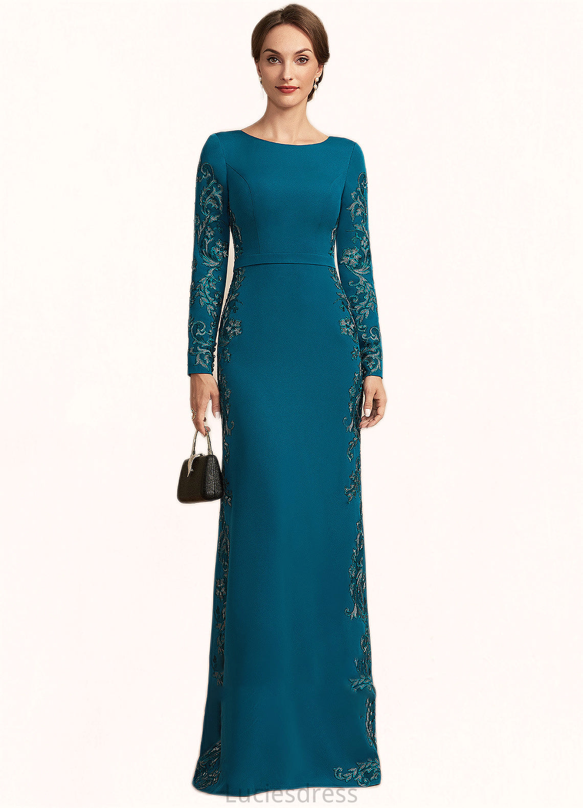 Mara Sheath/Column Scoop Neck Floor-Length Stretch Crepe Mother of the Bride Dress With Appliques Lace HF126P0014822