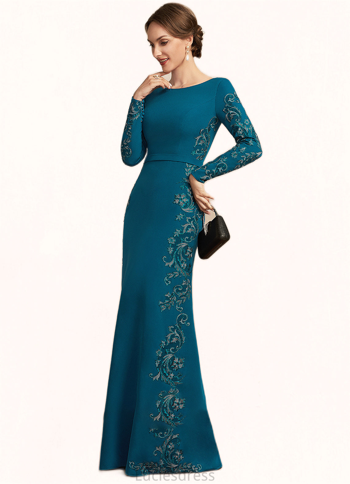 Mara Sheath/Column Scoop Neck Floor-Length Stretch Crepe Mother of the Bride Dress With Appliques Lace HF126P0014822