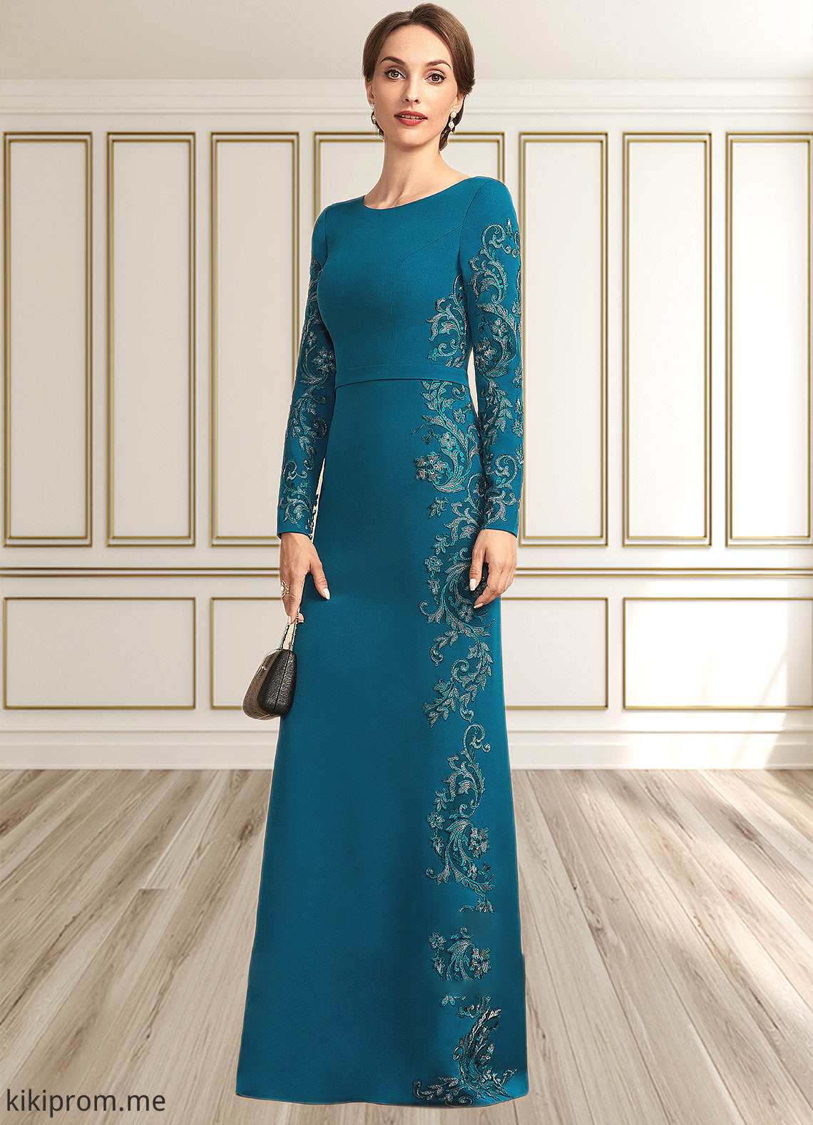 Nova Sheath/Column Scoop Neck Floor-Length Stretch Crepe Mother of the Bride Dress With Appliques Lace STF126P0014822