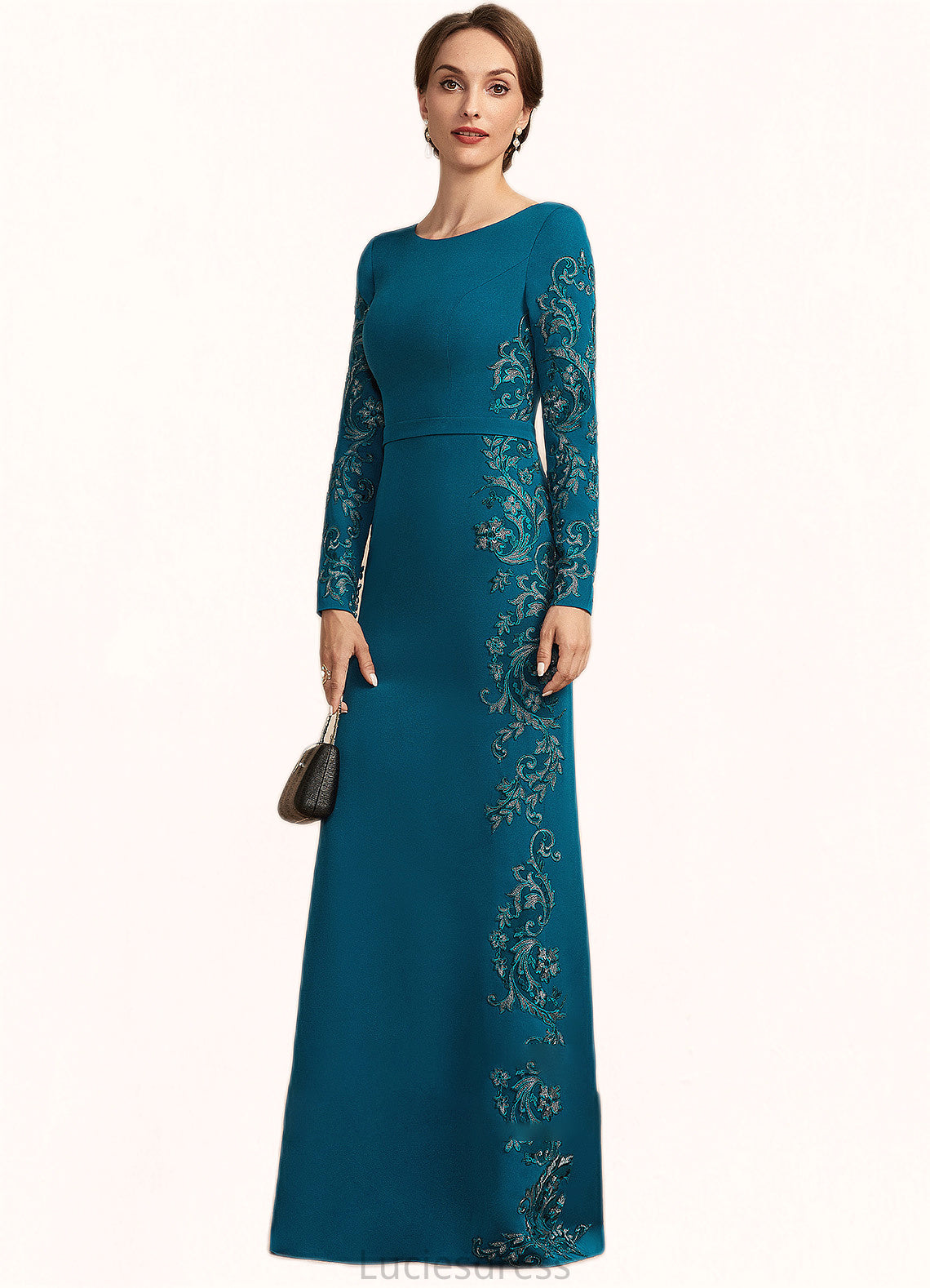 Mara Sheath/Column Scoop Neck Floor-Length Stretch Crepe Mother of the Bride Dress With Appliques Lace HF126P0014822