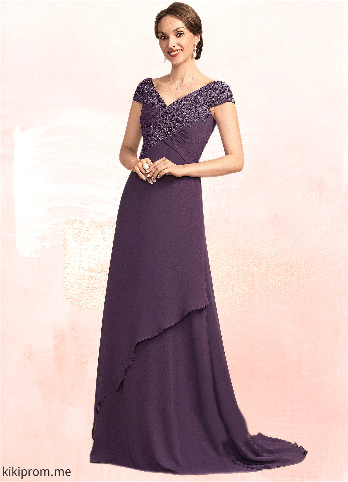 Haven A-Line V-neck Sweep Train Chiffon Lace Mother of the Bride Dress With Ruffle Beading STF126P0014824