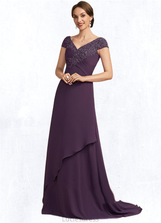 Ryleigh A-Line V-neck Sweep Train Chiffon Lace Mother of the Bride Dress With Ruffle Beading HF126P0014824