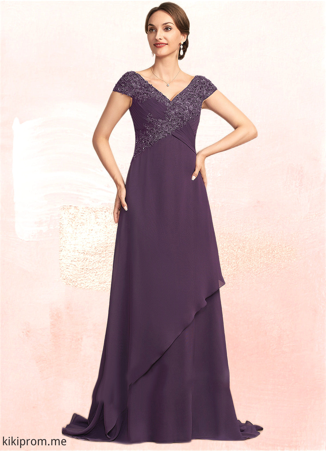 Haven A-Line V-neck Sweep Train Chiffon Lace Mother of the Bride Dress With Ruffle Beading STF126P0014824