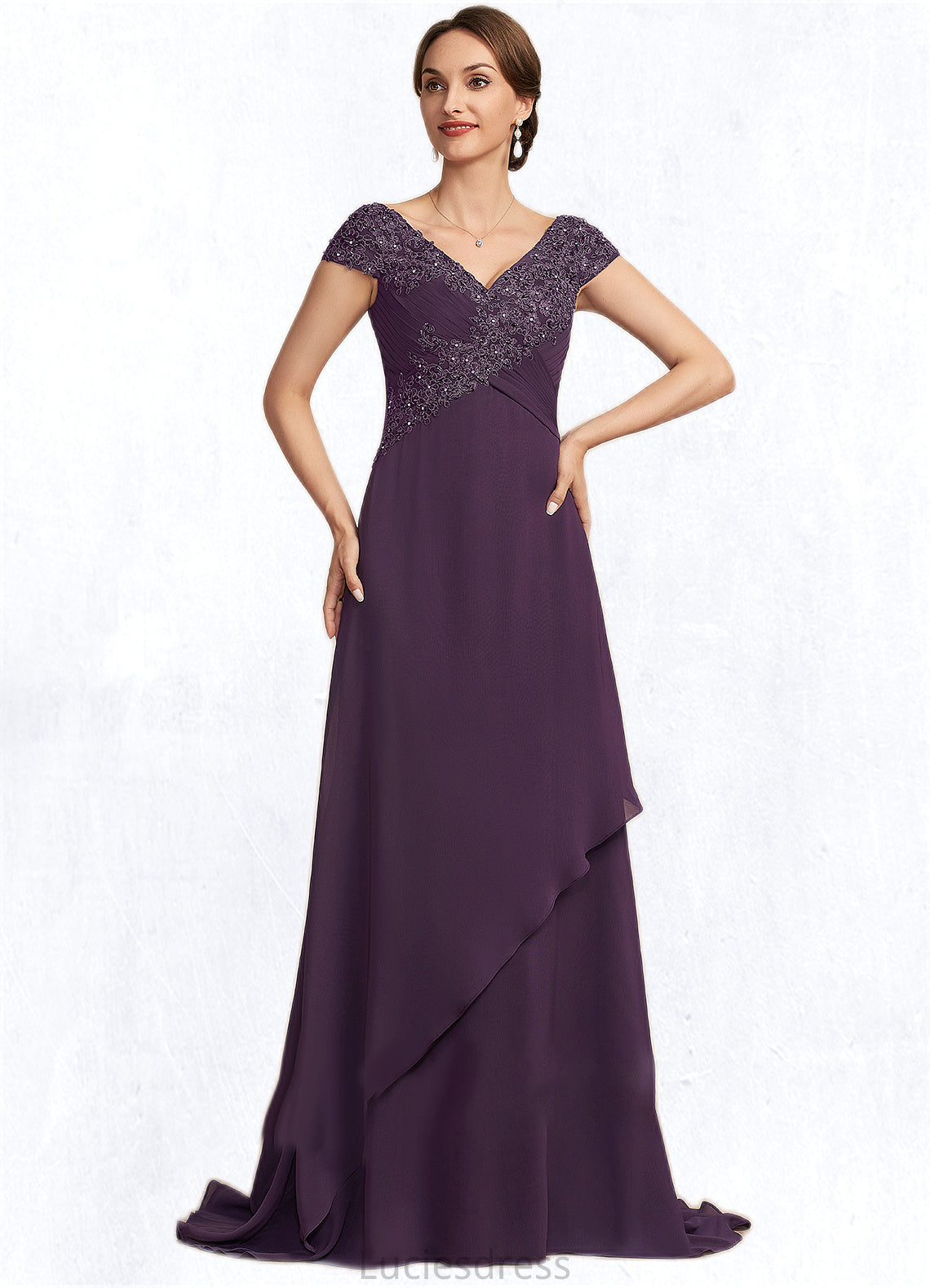 Ryleigh A-Line V-neck Sweep Train Chiffon Lace Mother of the Bride Dress With Ruffle Beading HF126P0014824