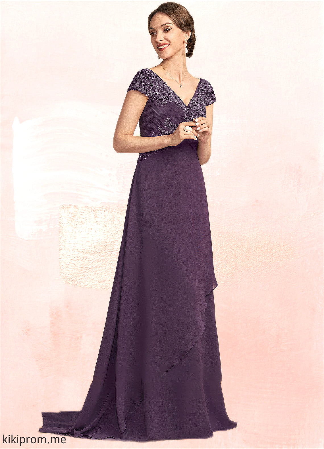 Haven A-Line V-neck Sweep Train Chiffon Lace Mother of the Bride Dress With Ruffle Beading STF126P0014824