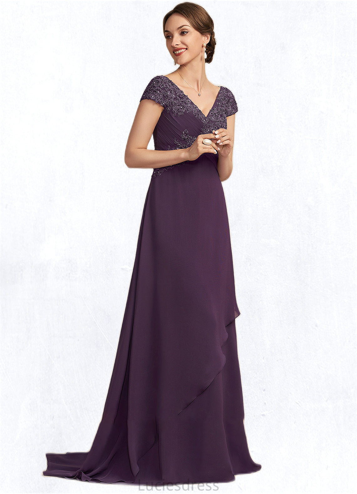 Ryleigh A-Line V-neck Sweep Train Chiffon Lace Mother of the Bride Dress With Ruffle Beading HF126P0014824