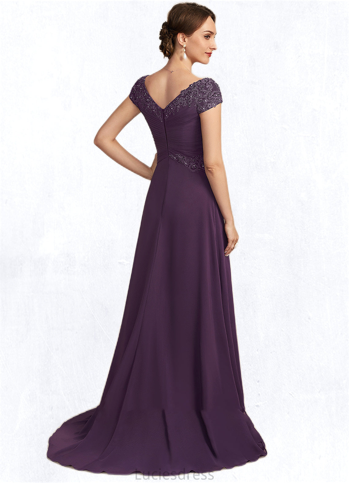 Ryleigh A-Line V-neck Sweep Train Chiffon Lace Mother of the Bride Dress With Ruffle Beading HF126P0014824