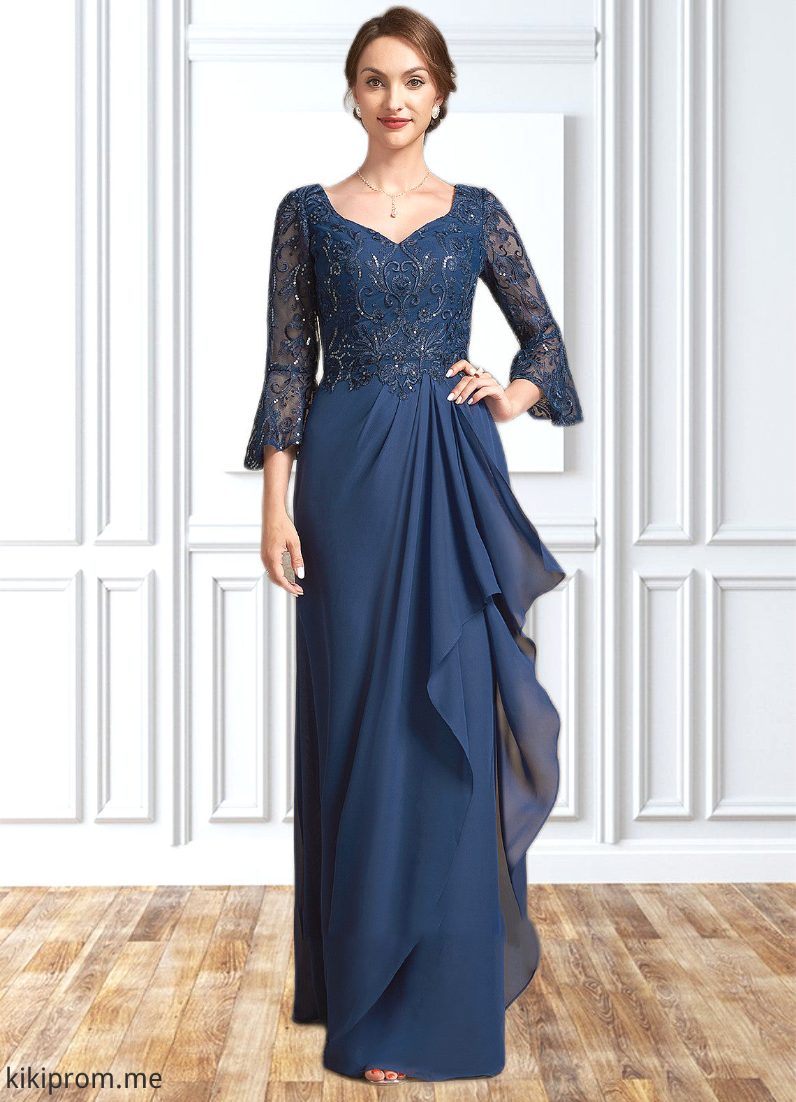 Liliana A-Line V-neck Floor-Length Chiffon Lace Mother of the Bride Dress With Sequins Cascading Ruffles STF126P0014825