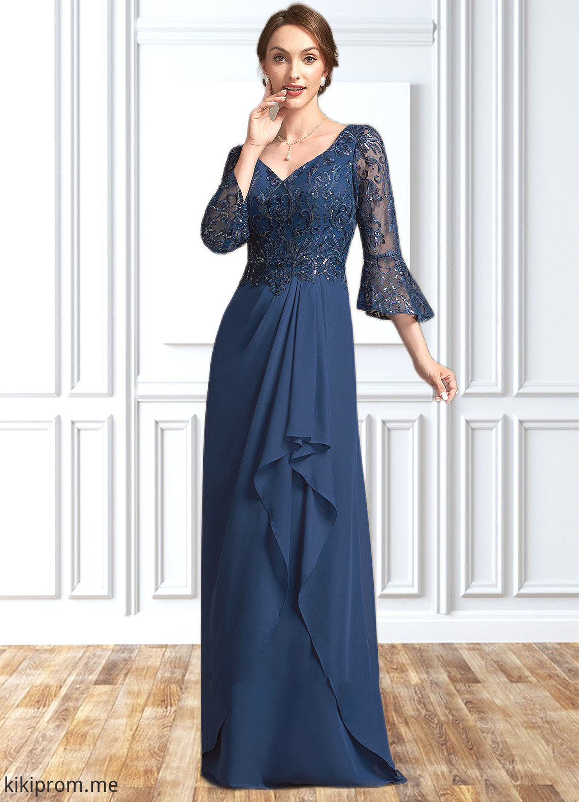 Liliana A-Line V-neck Floor-Length Chiffon Lace Mother of the Bride Dress With Sequins Cascading Ruffles STF126P0014825