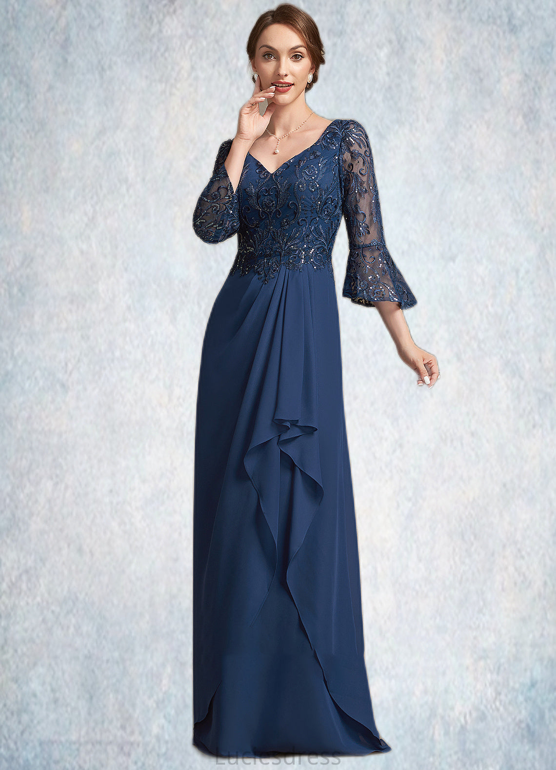 Peggie A-Line V-neck Floor-Length Chiffon Lace Mother of the Bride Dress With Sequins Cascading Ruffles HF126P0014825