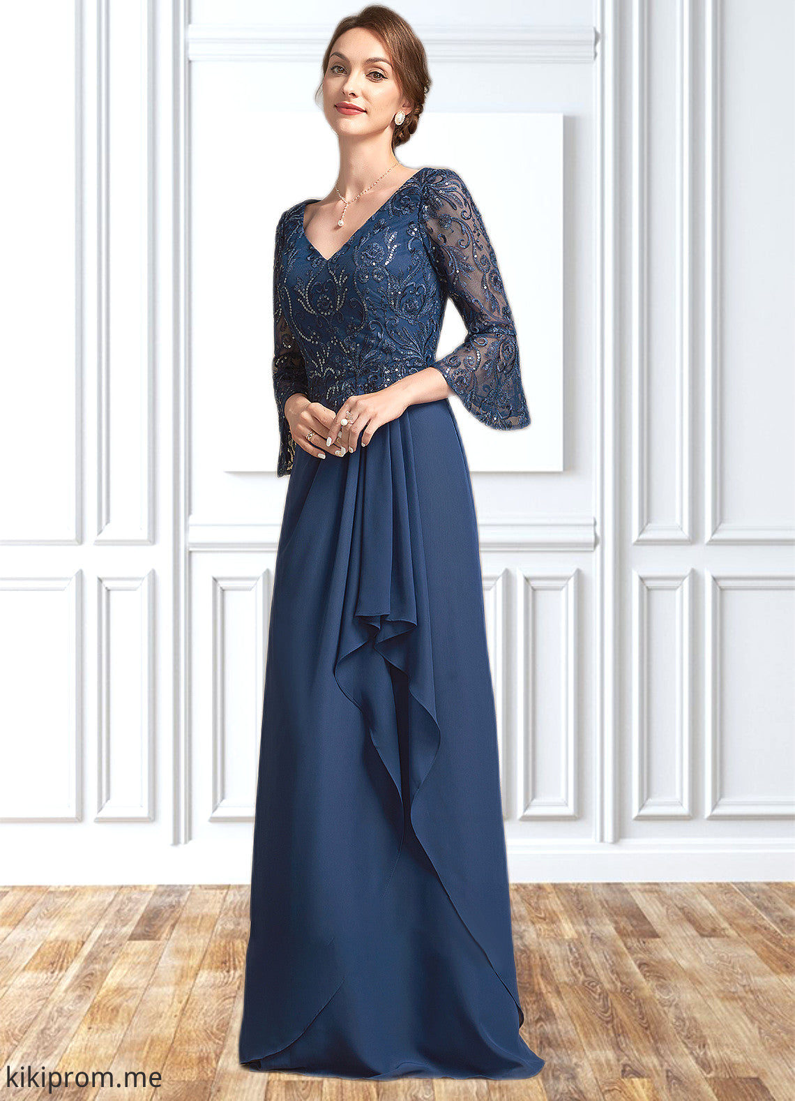 Liliana A-Line V-neck Floor-Length Chiffon Lace Mother of the Bride Dress With Sequins Cascading Ruffles STF126P0014825