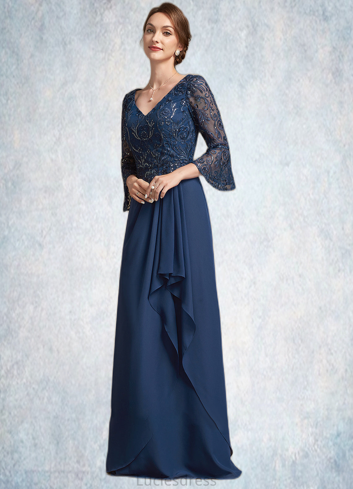 Peggie A-Line V-neck Floor-Length Chiffon Lace Mother of the Bride Dress With Sequins Cascading Ruffles HF126P0014825