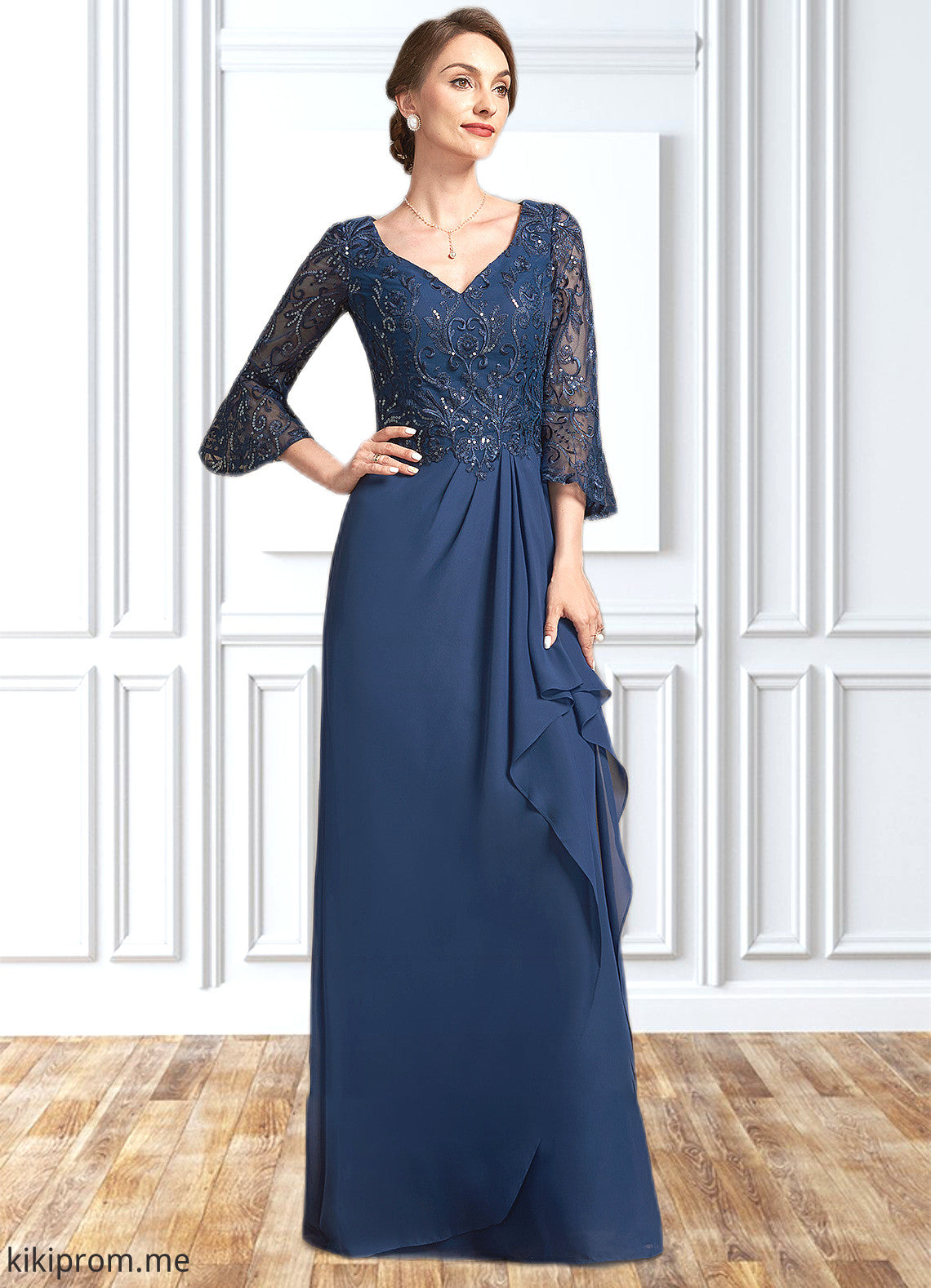 Liliana A-Line V-neck Floor-Length Chiffon Lace Mother of the Bride Dress With Sequins Cascading Ruffles STF126P0014825