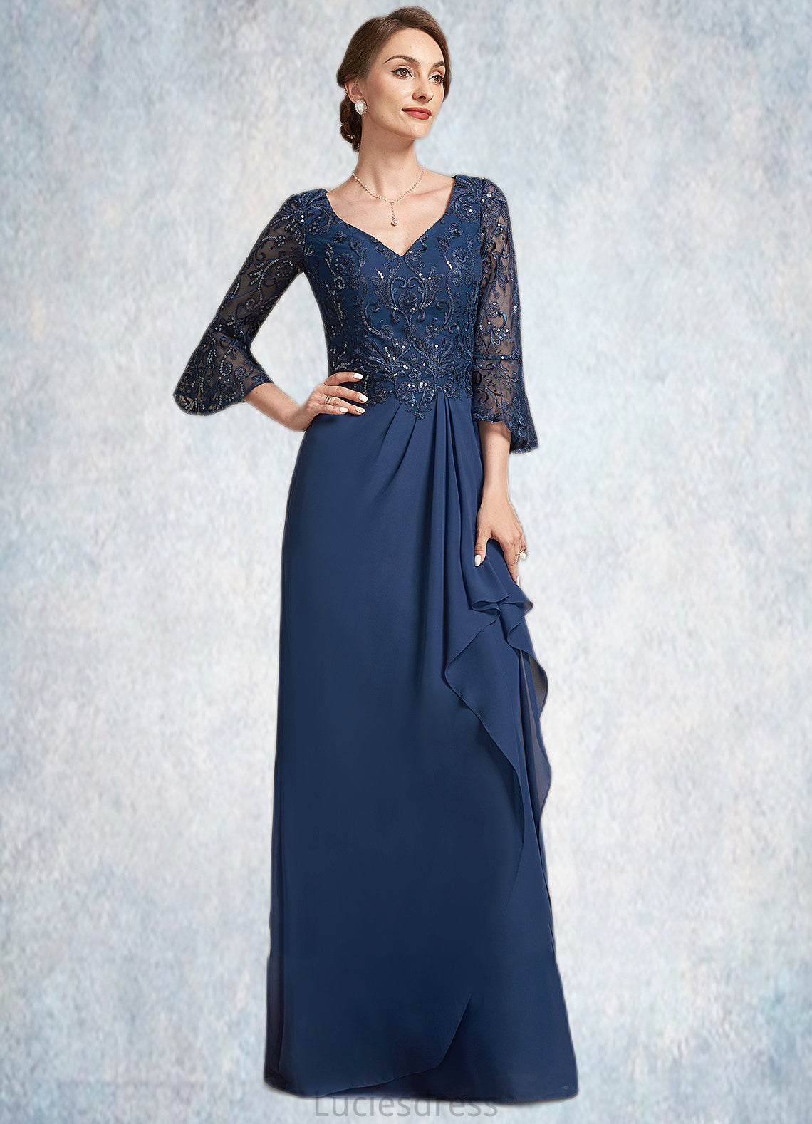 Peggie A-Line V-neck Floor-Length Chiffon Lace Mother of the Bride Dress With Sequins Cascading Ruffles HF126P0014825