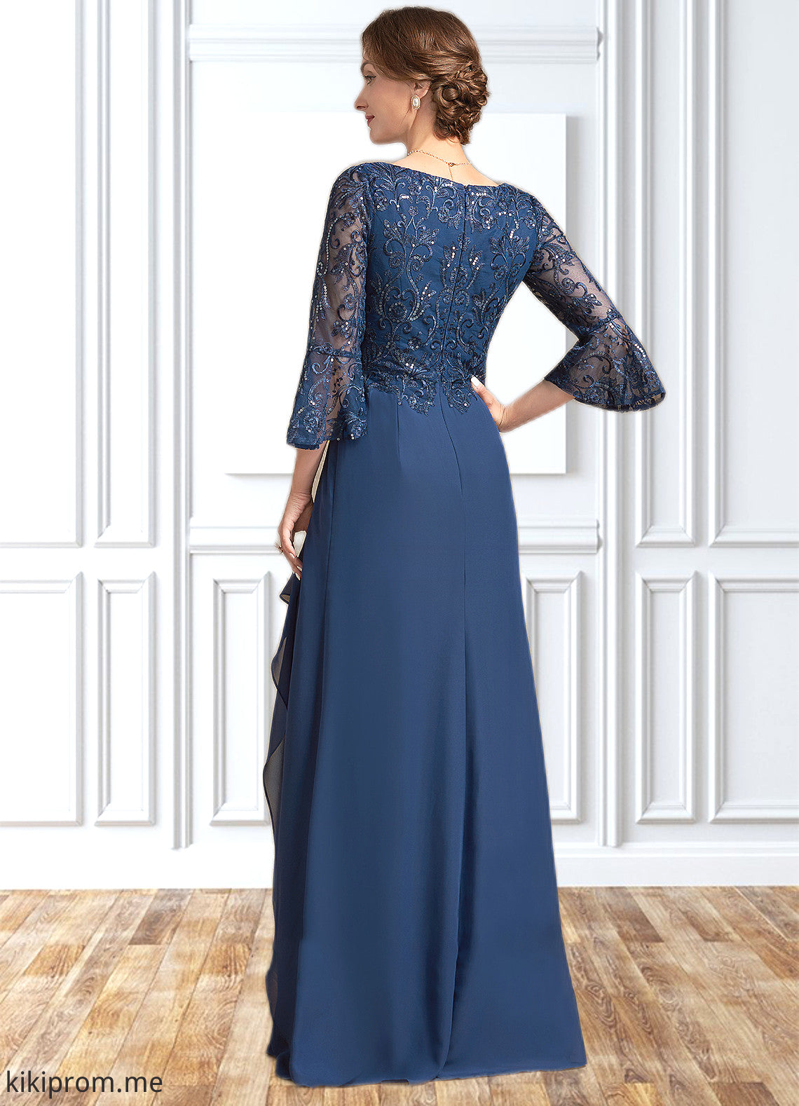 Liliana A-Line V-neck Floor-Length Chiffon Lace Mother of the Bride Dress With Sequins Cascading Ruffles STF126P0014825