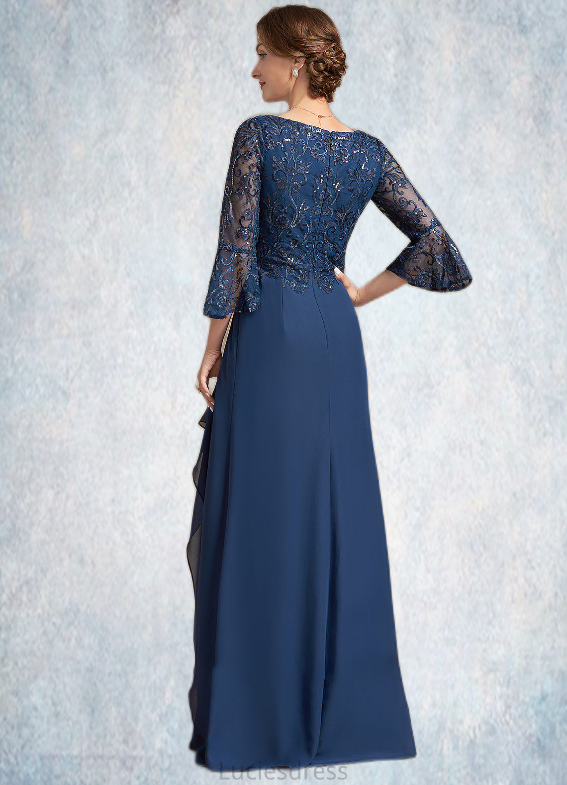 Peggie A-Line V-neck Floor-Length Chiffon Lace Mother of the Bride Dress With Sequins Cascading Ruffles HF126P0014825