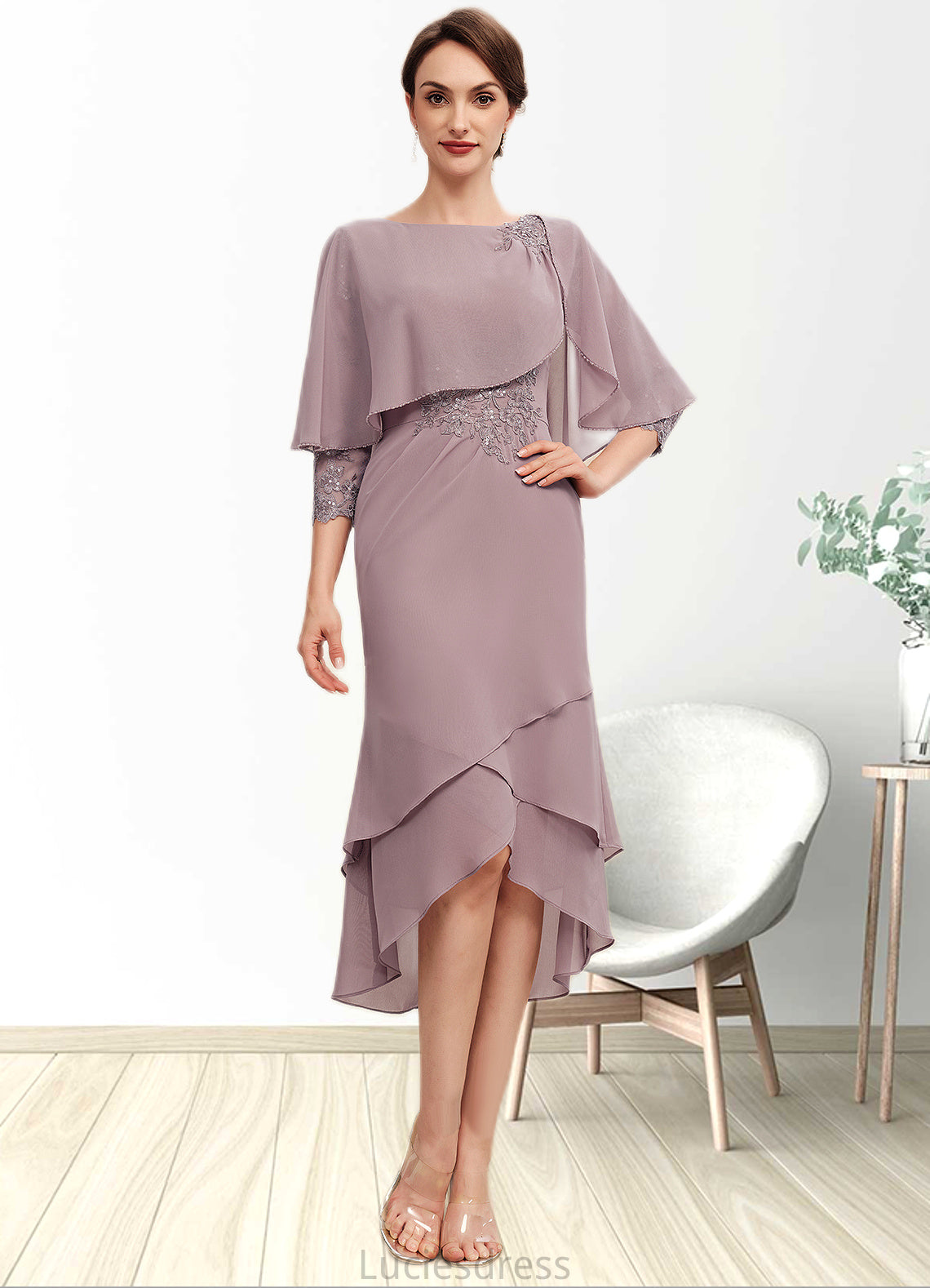 Eve Sheath/Column Scoop Neck Asymmetrical Chiffon Mother of the Bride Dress With Ruffle Lace Sequins HF126P0014826