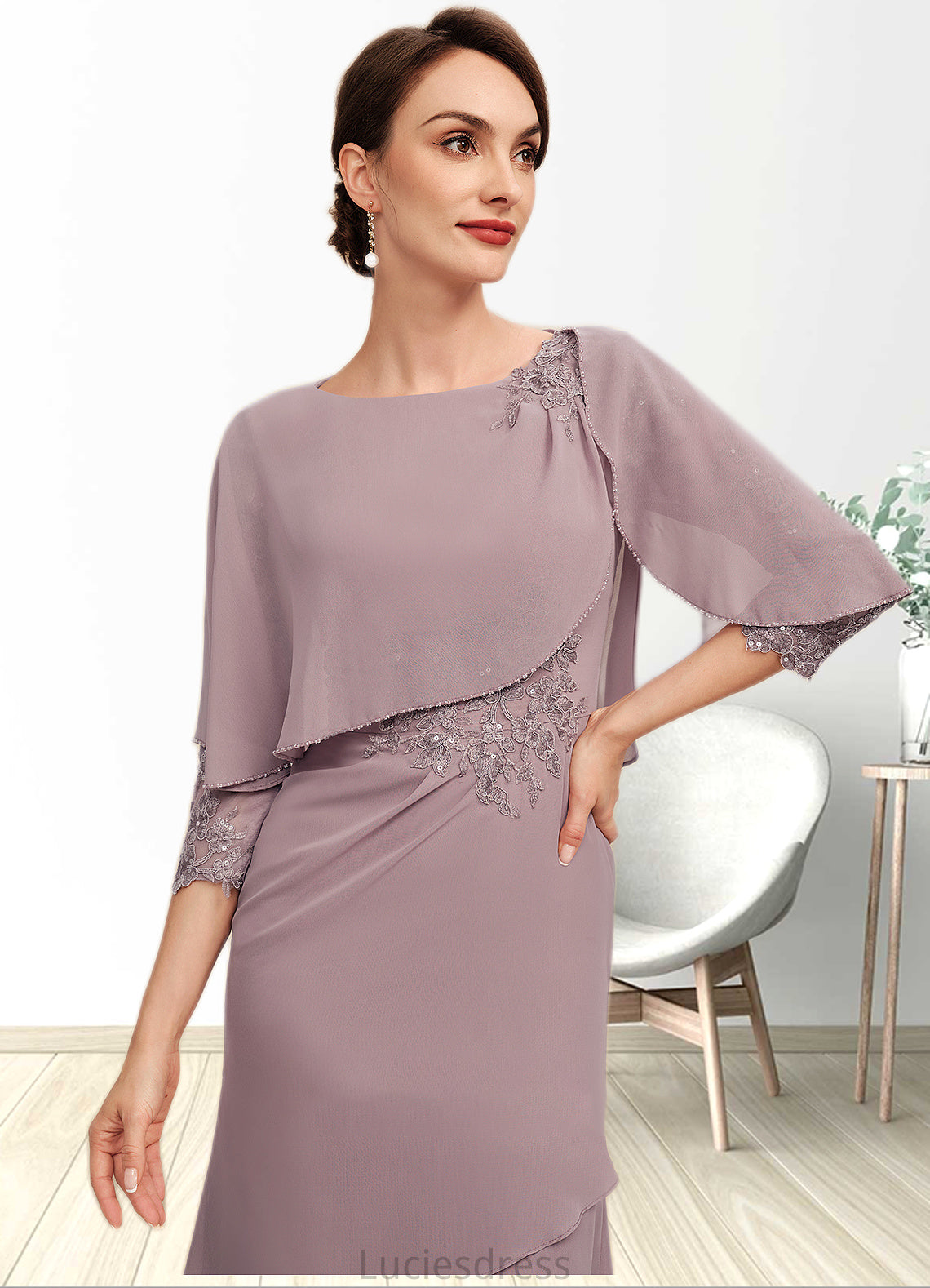 Eve Sheath/Column Scoop Neck Asymmetrical Chiffon Mother of the Bride Dress With Ruffle Lace Sequins HF126P0014826