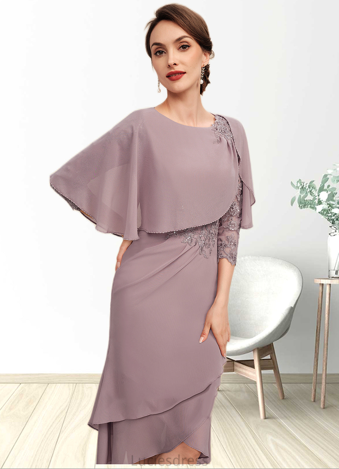 Eve Sheath/Column Scoop Neck Asymmetrical Chiffon Mother of the Bride Dress With Ruffle Lace Sequins HF126P0014826