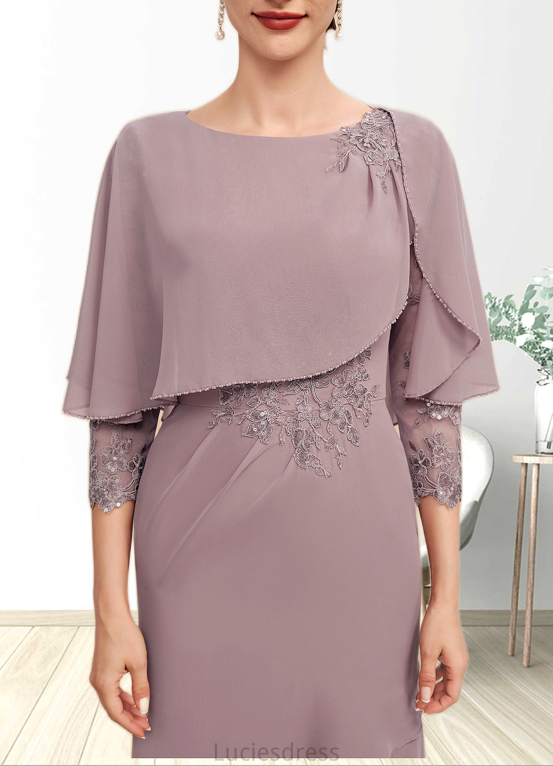 Eve Sheath/Column Scoop Neck Asymmetrical Chiffon Mother of the Bride Dress With Ruffle Lace Sequins HF126P0014826