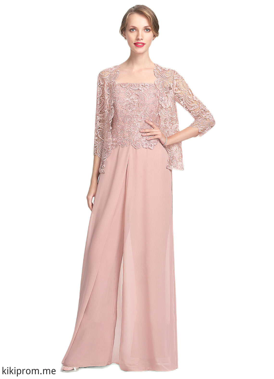 Rebecca Jumpsuit/Pantsuit Square Neckline Floor-Length Chiffon Lace Mother of the Bride Dress STF126P0014828