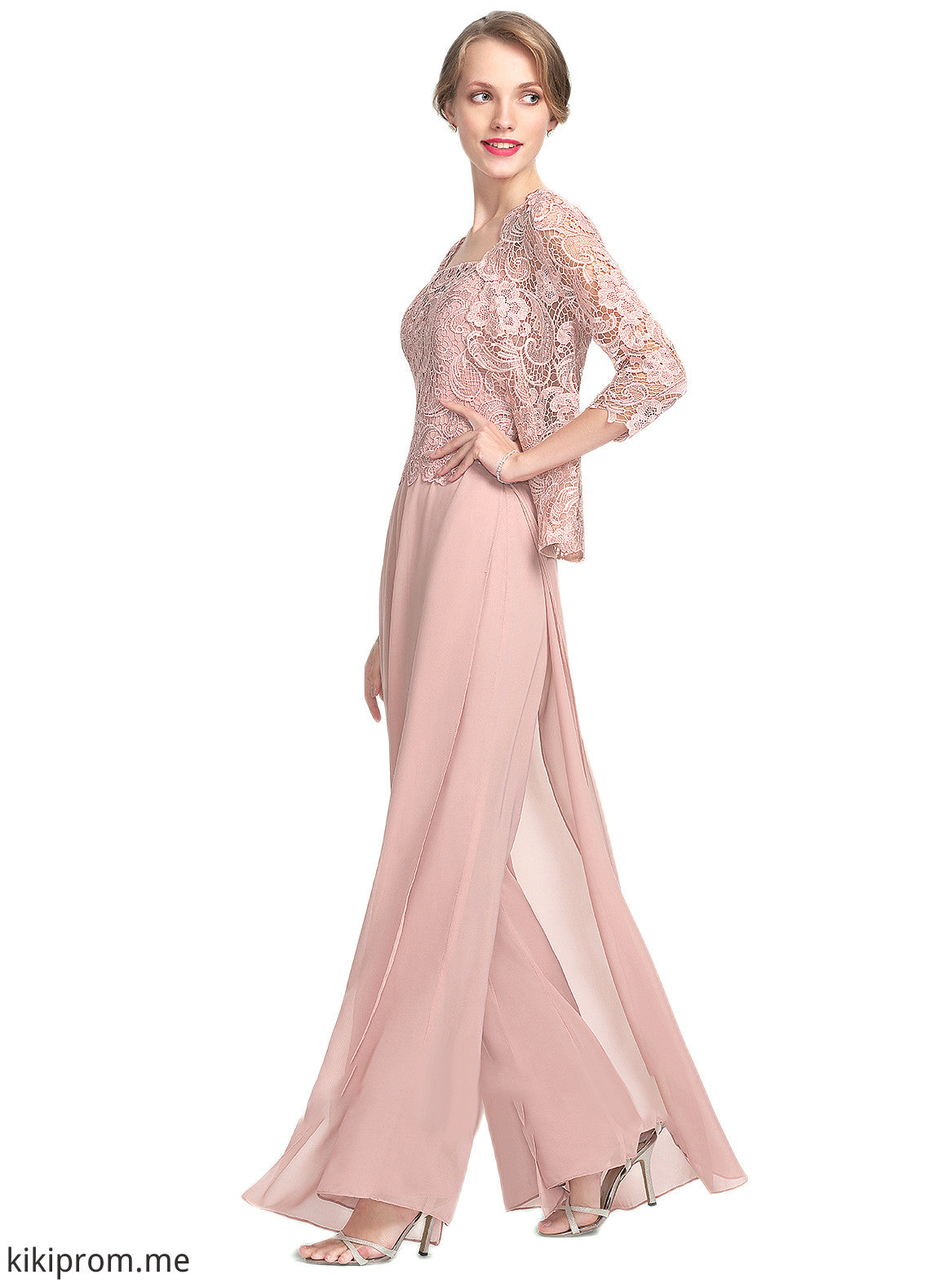 Rebecca Jumpsuit/Pantsuit Square Neckline Floor-Length Chiffon Lace Mother of the Bride Dress STF126P0014828