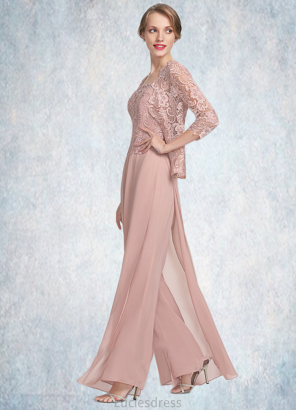 Jolie Jumpsuit/Pantsuit Square Neckline Floor-Length Chiffon Lace Mother of the Bride Dress HF126P0014828