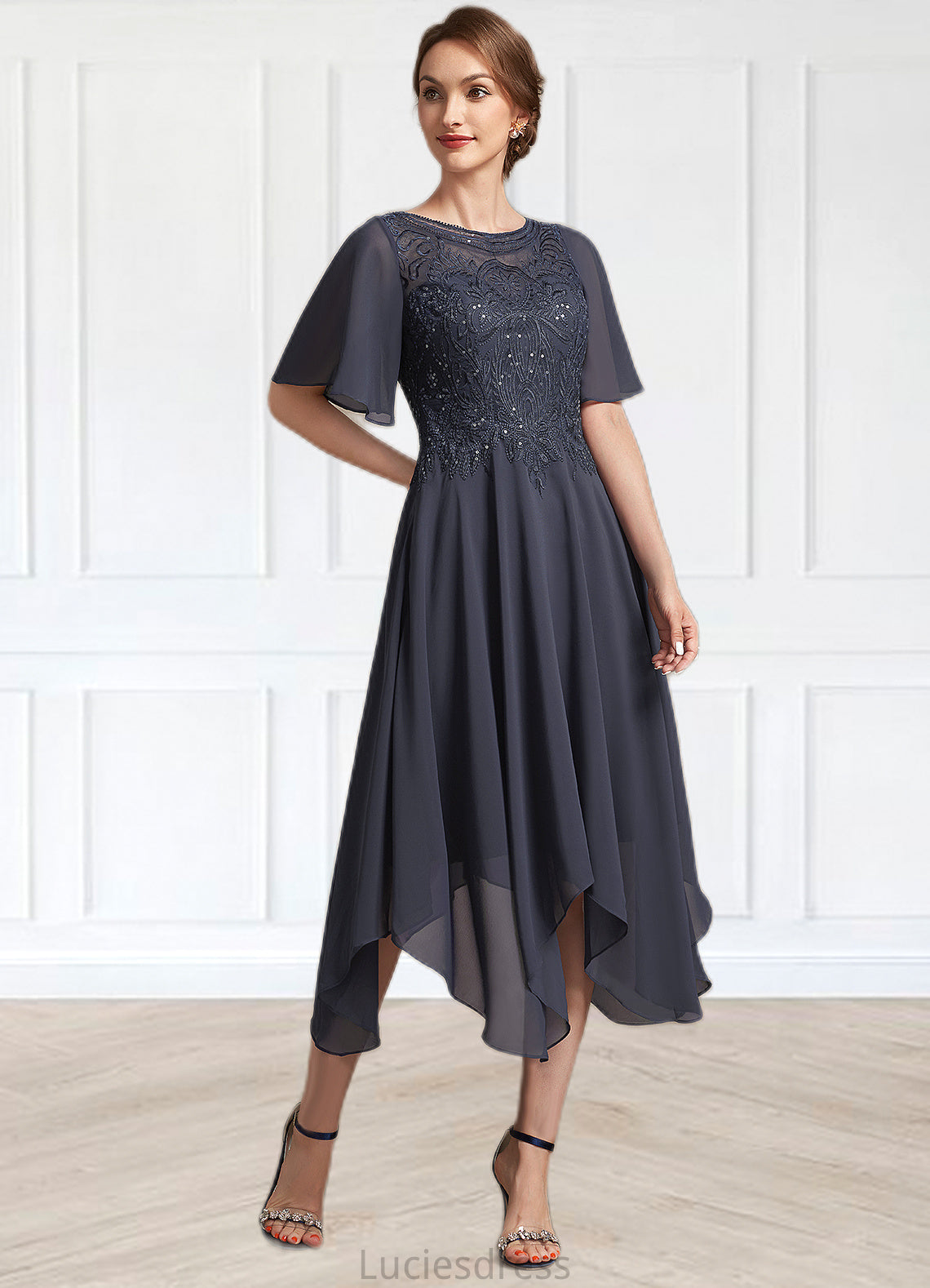 Madalyn A-Line Scoop Neck Tea-Length Chiffon Lace Mother of the Bride Dress With Sequins HF126P0014830