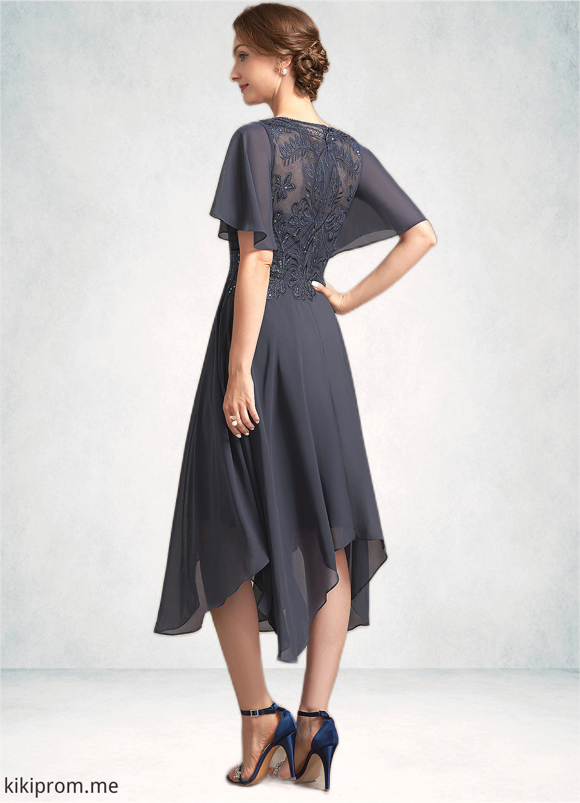 Clara A-Line Scoop Neck Tea-Length Chiffon Lace Mother of the Bride Dress With Sequins STF126P0014830