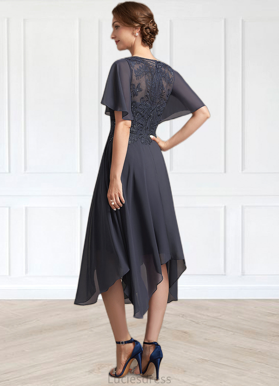 Madalyn A-Line Scoop Neck Tea-Length Chiffon Lace Mother of the Bride Dress With Sequins HF126P0014830