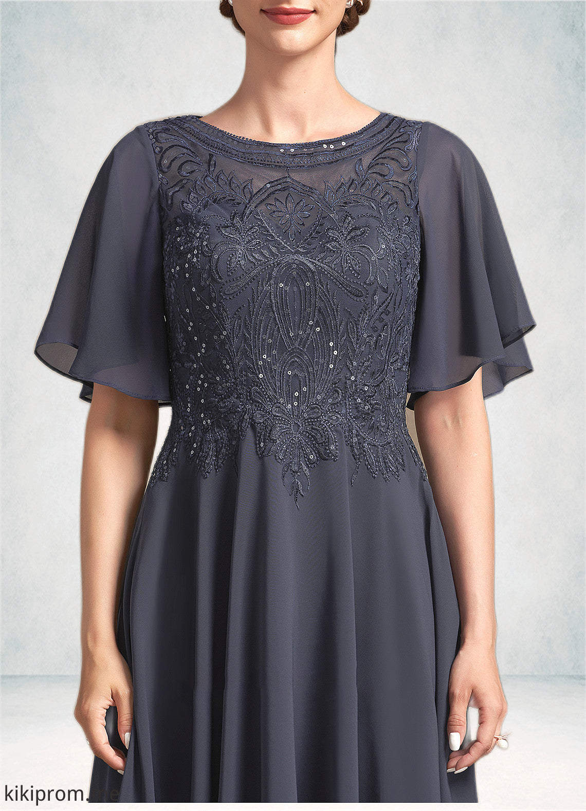 Clara A-Line Scoop Neck Tea-Length Chiffon Lace Mother of the Bride Dress With Sequins STF126P0014830